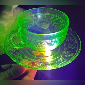 Rare Vintage 1930’s Hazel Atlas Uranium Glass Tea Cup and Saucer Clover Motif
